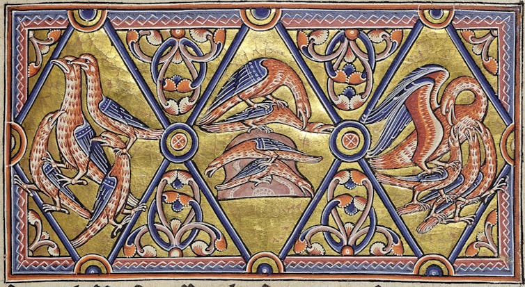 _ Biscari en aberdeen_ en el que se ilustra una historia completa sobre pelicánicos: los pollitos pelícanos se van con Mike; Eso, acurrucado, mata a las gallinas y luego se arrepiente, revive a tus polluelos con tu sangre.