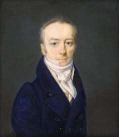 Painted portrait of balding man posing with pursed lips and a navy blue peacoat.