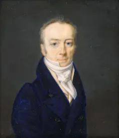 Painted portrait of balding man posing with pursed lips and a navy blue peacoat.