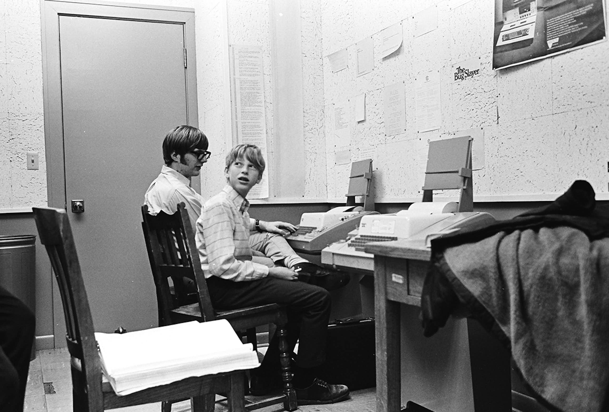 A black and white picture of the two founders of Microsoft, five years before it was created.