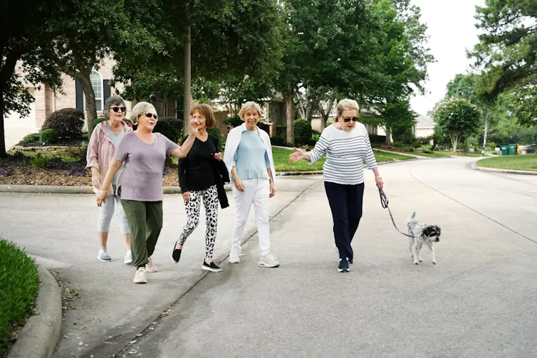 group of older women on a neighborhood walk with a leashed dog