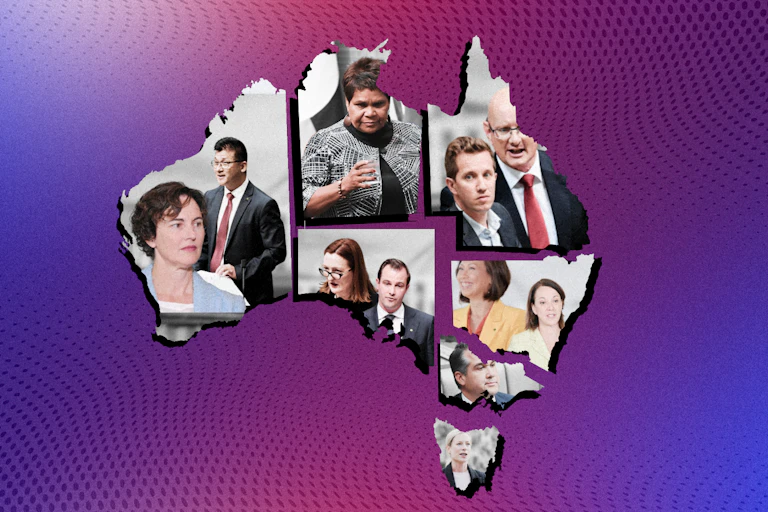 A composite map of Australia with the faces of politicians in each state and territory