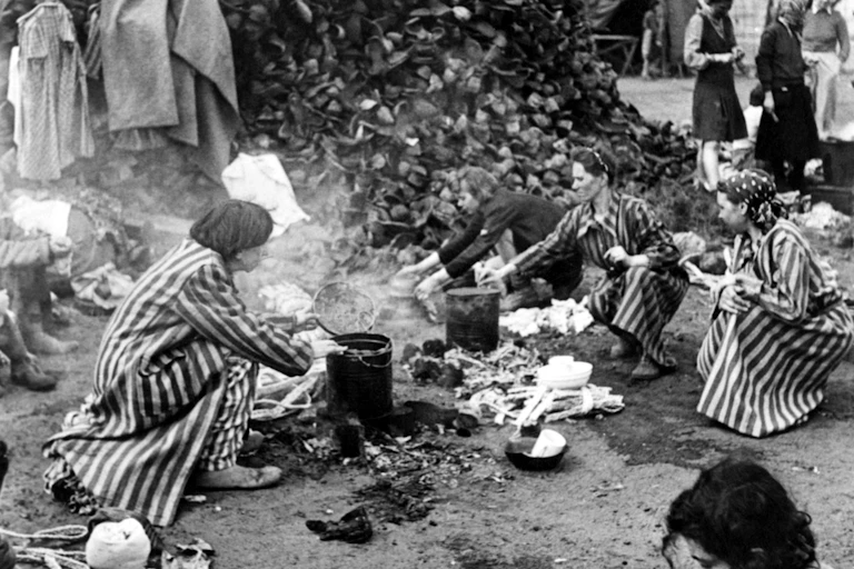 Starving prisoners at Bergen-Belsen shortly after the death-camp was liberated.