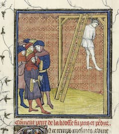 Ejecución de Pierre de la Brosse en Francia. Iluminación de las _Chroniques de France ou de St Denis_.
