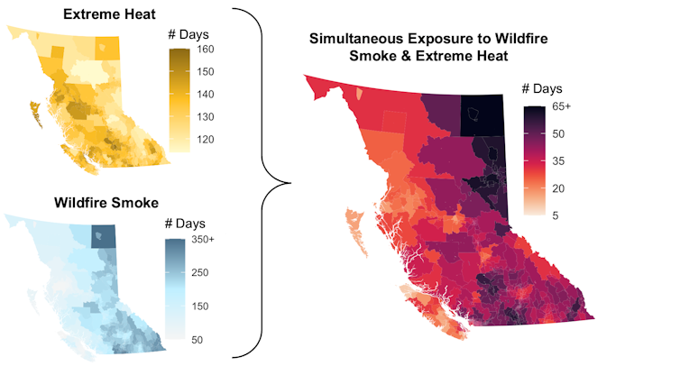 Maps of British Columbia showing the number of days with extreme heat and wildfire smoke exposure
