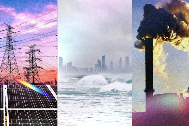 composite image of transmission lines, heavy surf after a cyclone and a power station smokestack.