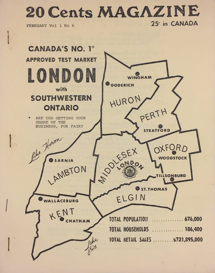 "¡Detente American Descargue Canadá!" - Inspiración y humor de Londres, Ontario. arte 5 Un mapa ilustrado con diferentes formas geométricas que representan regiones.