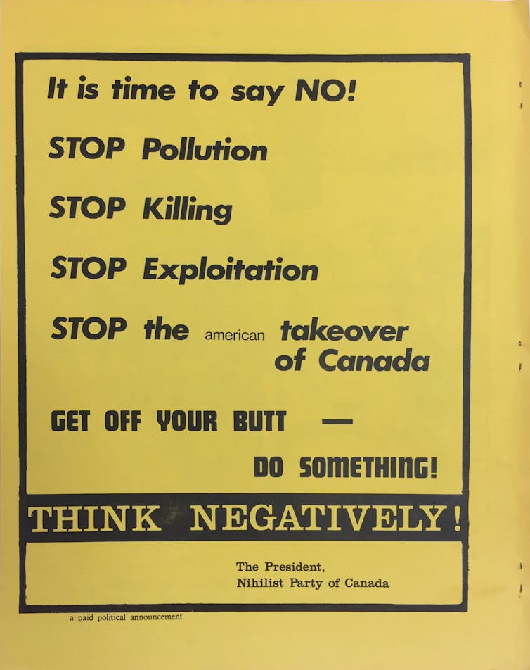 "¡Detente American Descargue Canadá!" - Inspiración y humor de Londres, Ontario. arte 7 Imagen del folleto amarillo con una fuente negra que llama