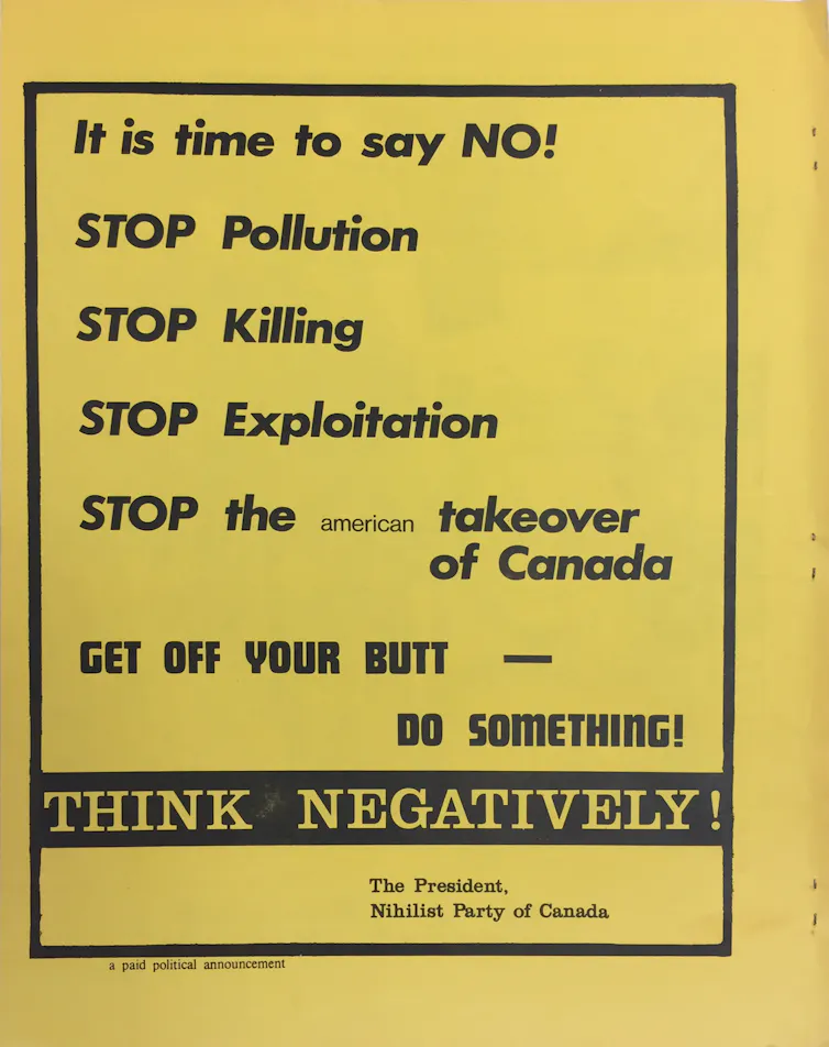 Image of a yellow handbill with black font urging 'Do something! Think negatively.