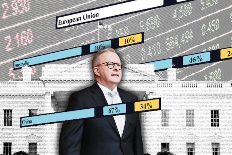 Composite image of Anthony Albanese superimposed over the White House with trade figures