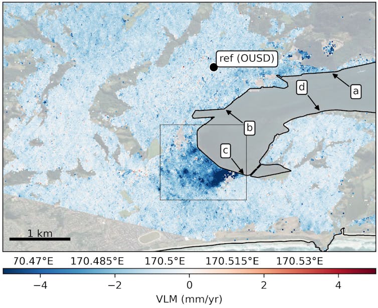 A map of urban land subsidence in Otago Harbour and Dunedin city. The darker blue colours show where land is sinking at a rate of 4mm per year or more.