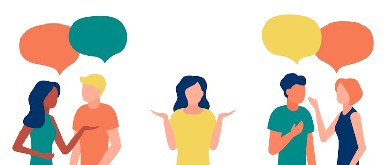 Illustration of a woman looking confused as people either side of her talk to each other.