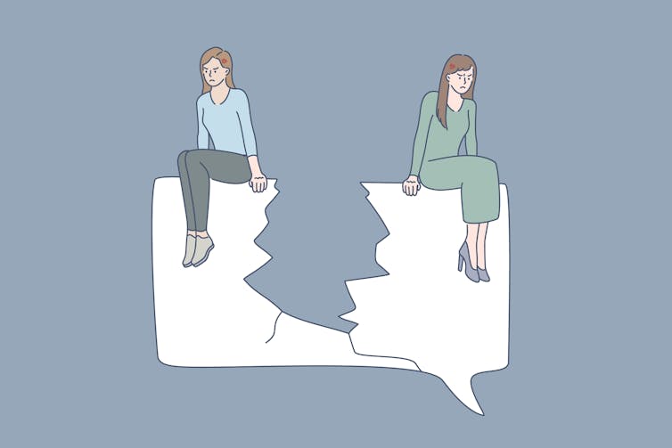 Illustration of two women seated on a speech bubble icon that has cracked, leaving the women divided and unhappy.