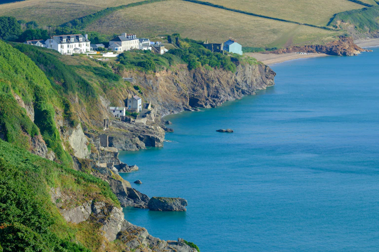 Torcross coastaline showing erosion and housing on cliff edges