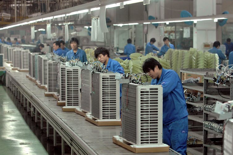 Workers in blue overalls attend erect plastic rectangles.