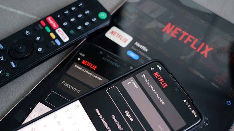 screen showing netflix login page and remote control