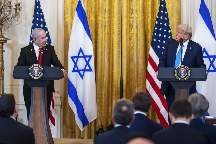 Trump and Netanyahu speak during a press conference.