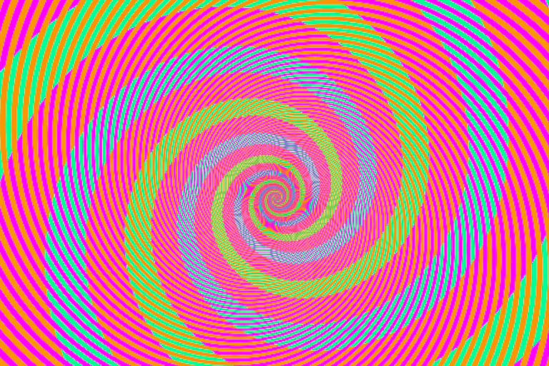 Alternating pink, blue and green spirals with thin orange spirals superimposed