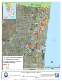 Map shows saltwater going several miles into the coast beneath Fort Lauderdale, Florida.