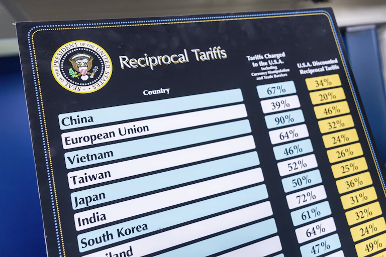 Charts listing the country-by-country tariffs levied by US president Donald Trump on 'Liberation Day'.