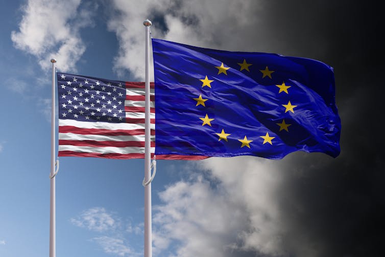US and EU flags with storm clouds in background.