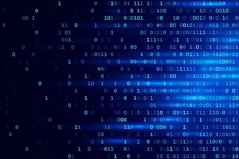 Rows of binary code on a blue background