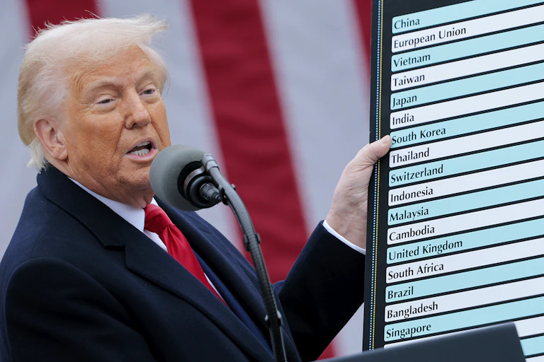 President Donald Trump holding a board showing his tariffs
