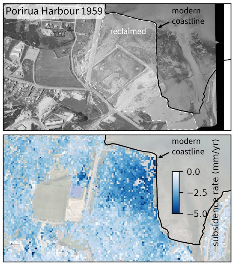 Two maps showing the outline of reclaimed land in Porirua Harbour and the level of subsidence.