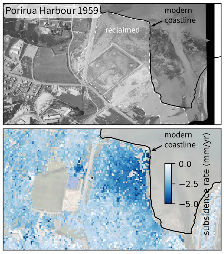 Two maps showing the outline of reclaimed land in Porirua Harbour and the level of subsidence.