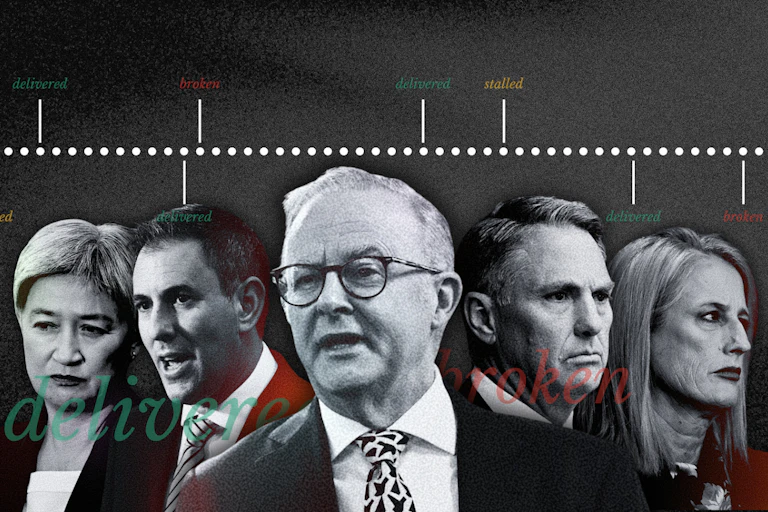 A composite of politician's heads in black and white with words saying delivered and broken