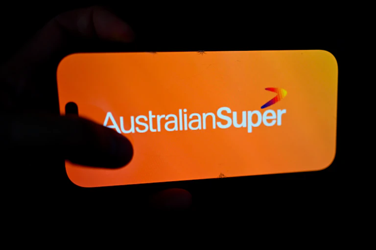 A phone screen showing the Australian Super logo on an orange background.