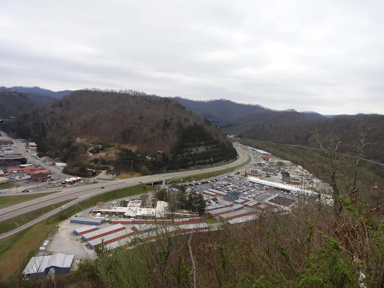 aerial view of a town, trees, a mountain