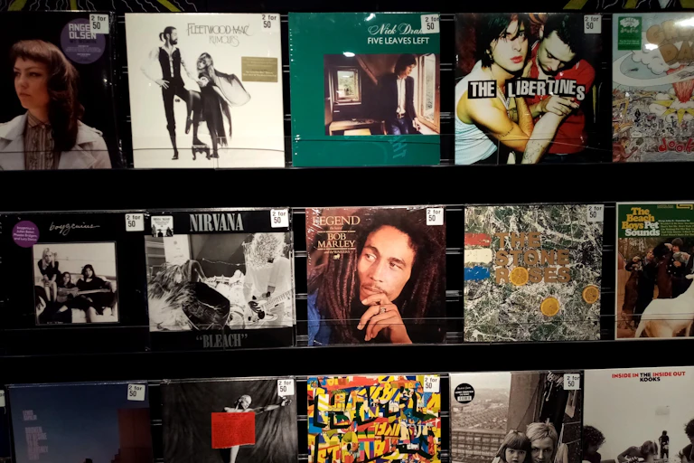Des pochettes de 33 tours, dont des disques de Fleetwood Mac et des Libertines, dans un magasin.