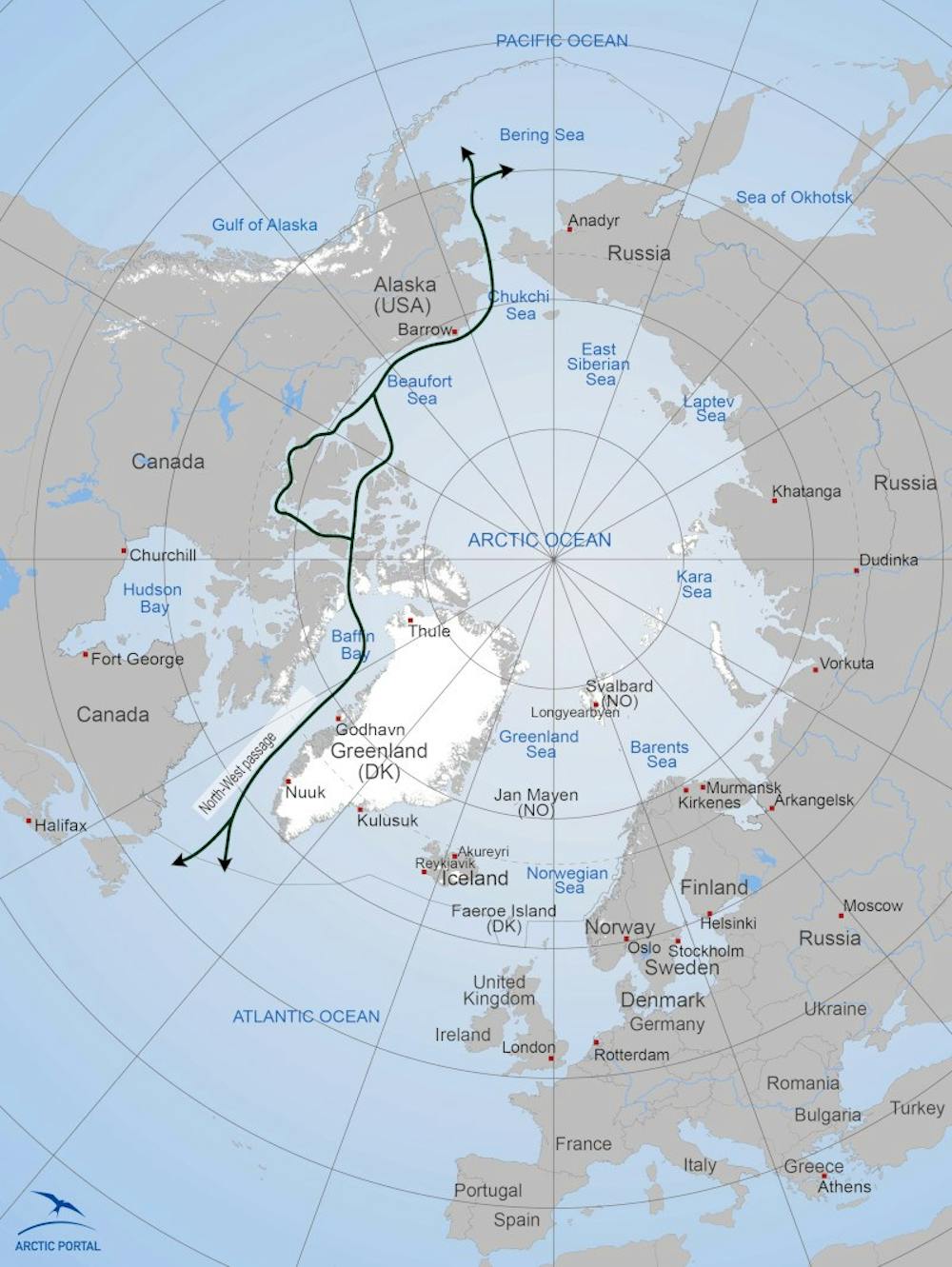 A map of the Arctic showing the Northwest Passage