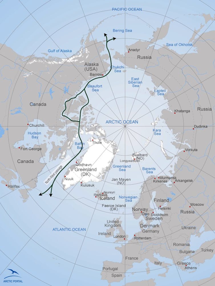 A map of the Arctic showing the Northwest Passage.