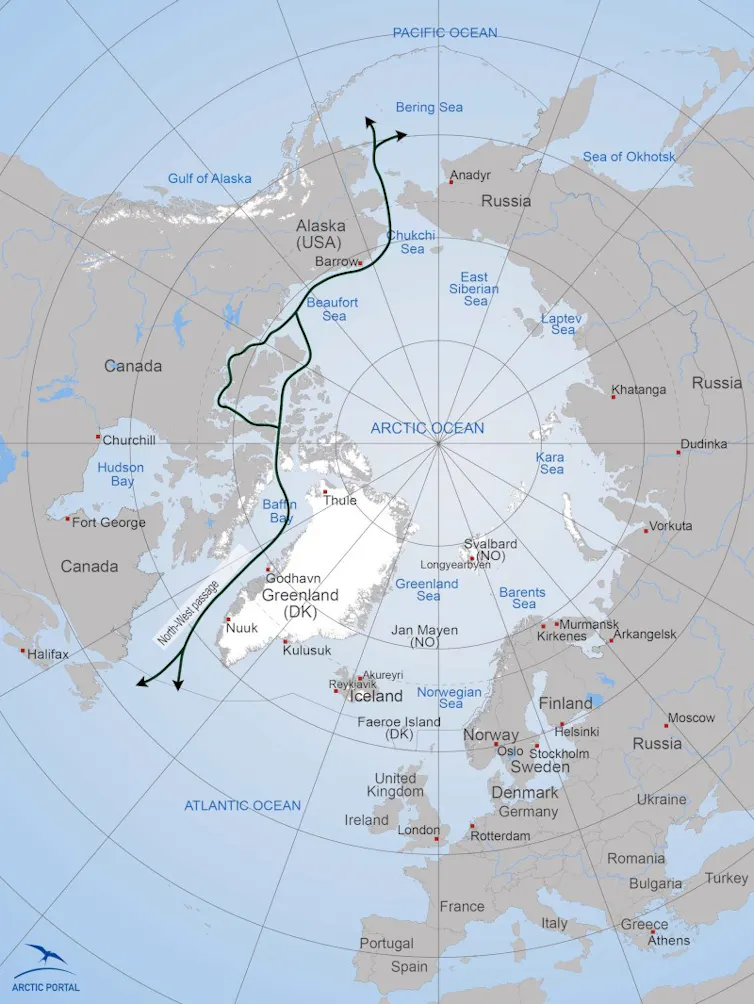 A map of the Arctic showing the Northwest Passage.