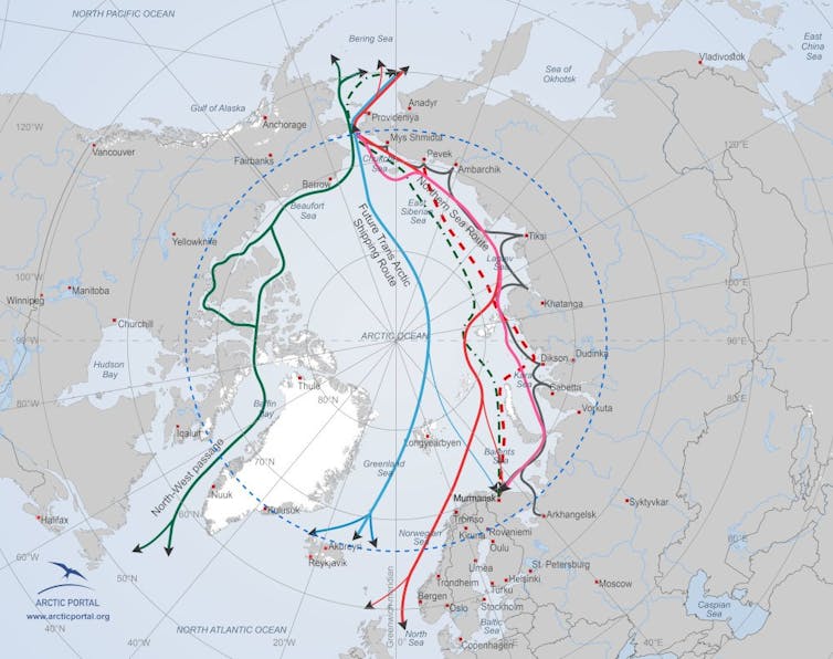 A map showing possible shipping routes through the Arctic.