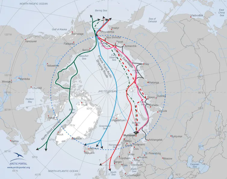 A map showing possible shipping routes through the Arctic.