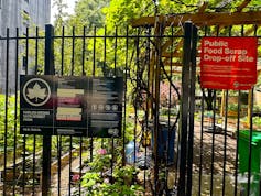 How rising and foraging meals can grow to be a commonplace a part of towns 1 community garden black fence with sign re public food scrap drop-off site