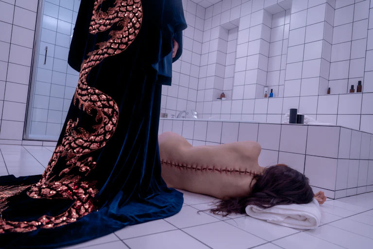 A woman lying on a bathroom floor with stitches up her back