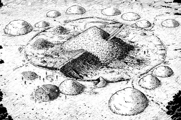 Illustration of construction activity at Knowth passage tomb complex at Brú na Bóinne.