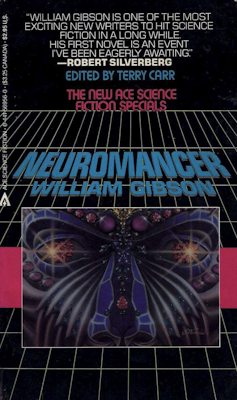 Book cover reading 'Neuromancer' featuring futuristic blue text and a black-and-pink background.
