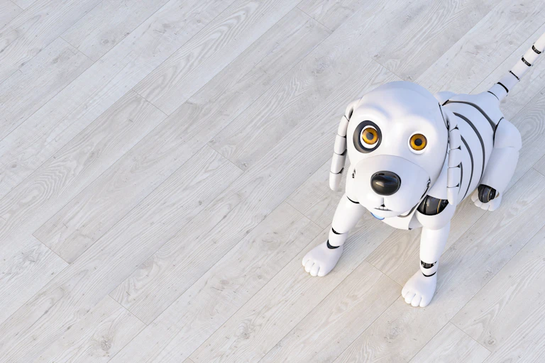 a robot dog sitting and looking up at the viewer