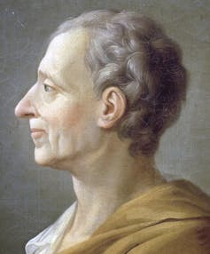 An oil painting of an older white man with grey, curly hair in profile
