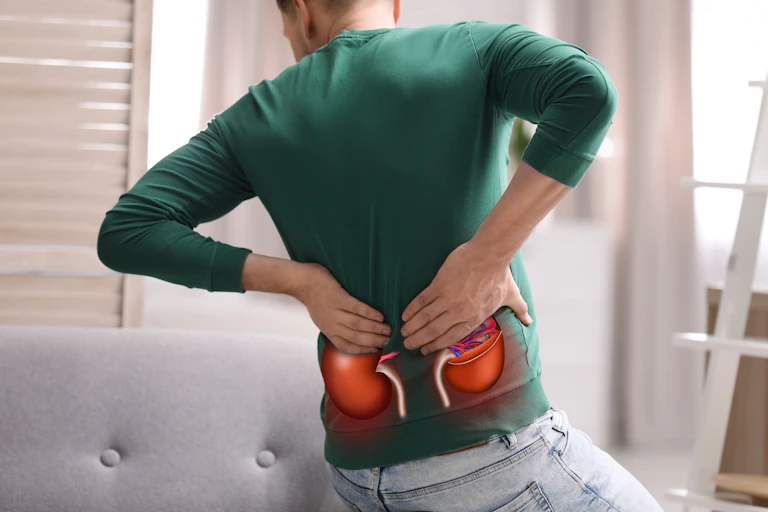 Man holding his lower back where image of kidneys is superimposed