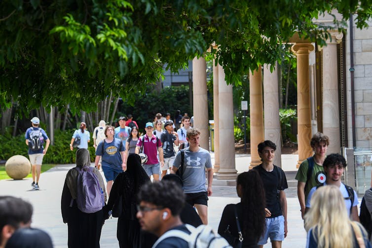 Students walking on campus.