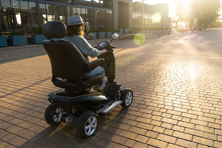 woman going down a street on a mobility scooter.
