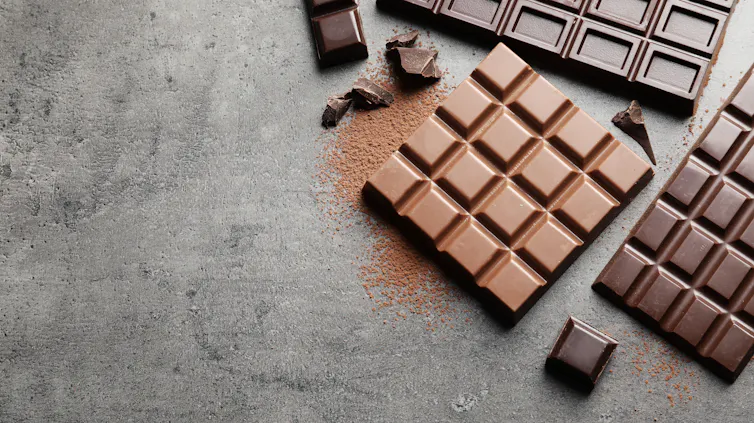 Different chocolate bars on a grey background
