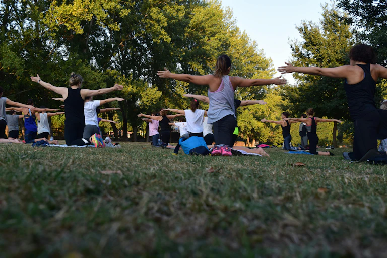 An outdoor yoga class