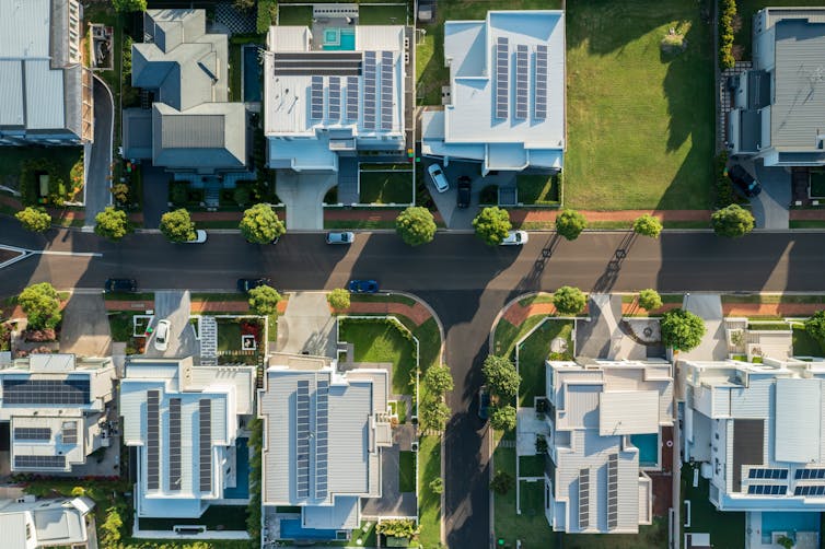 top down shot of sydney houses with solar.